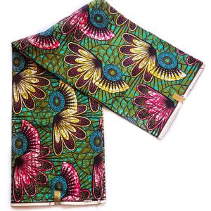Nyasi African Print Fabric in Durban – green cotton fabric with pink, yellow, and black floral and geometric pattern