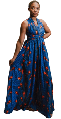 African Print Fabric Image of a woman wearing blue african print fabric dress